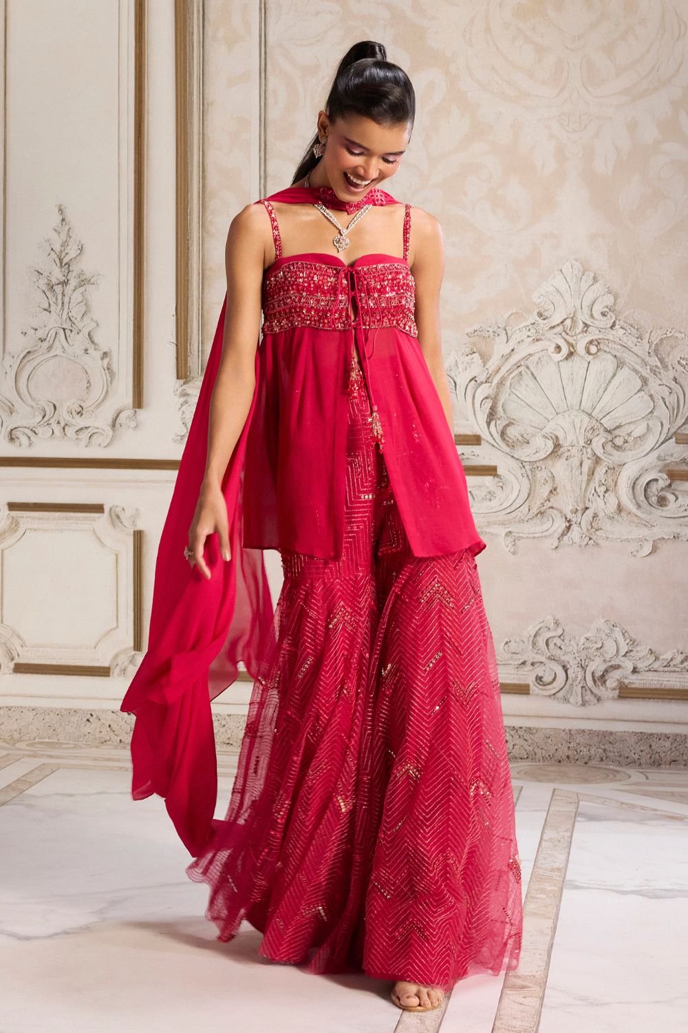 Sanya Gulati - Magenta Flowy Peplum With Sharara Set from Param Sundari