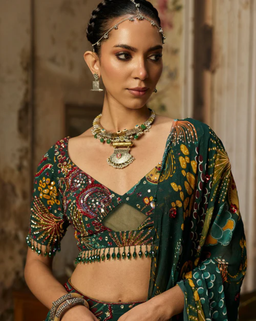 Diya Rajvvir - Dark Green Printed And Highlighted Lehenga Set from Bahaar