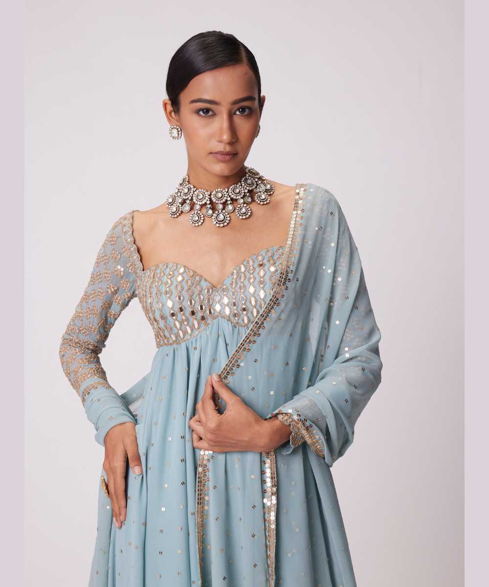 POWDER BLUE HIGH LOW KURTA SET - Collection name Jugmug Bride by Vvani Vats