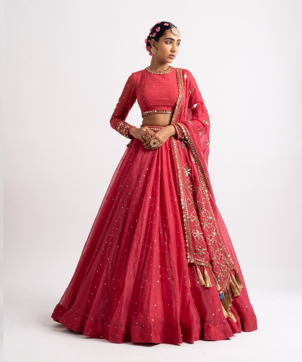Deep Coral Silk Organza Heavy Dupatta Lehenga Set - Collection name Rang by  Vvani vats