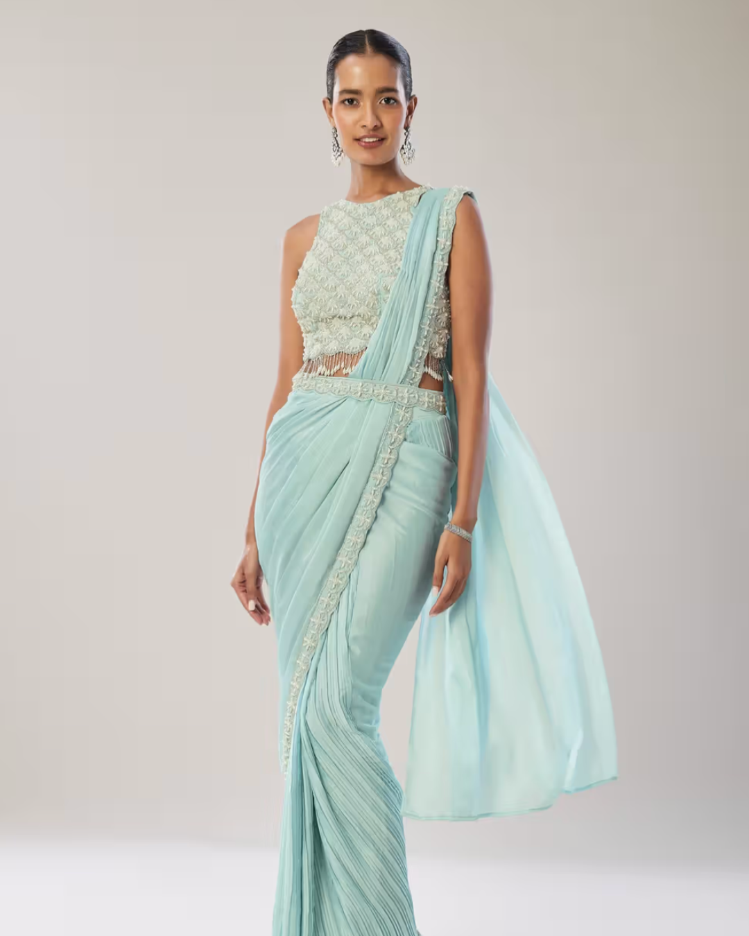 Kalki - Sky Blue Ready Pleated Saree With Belt
