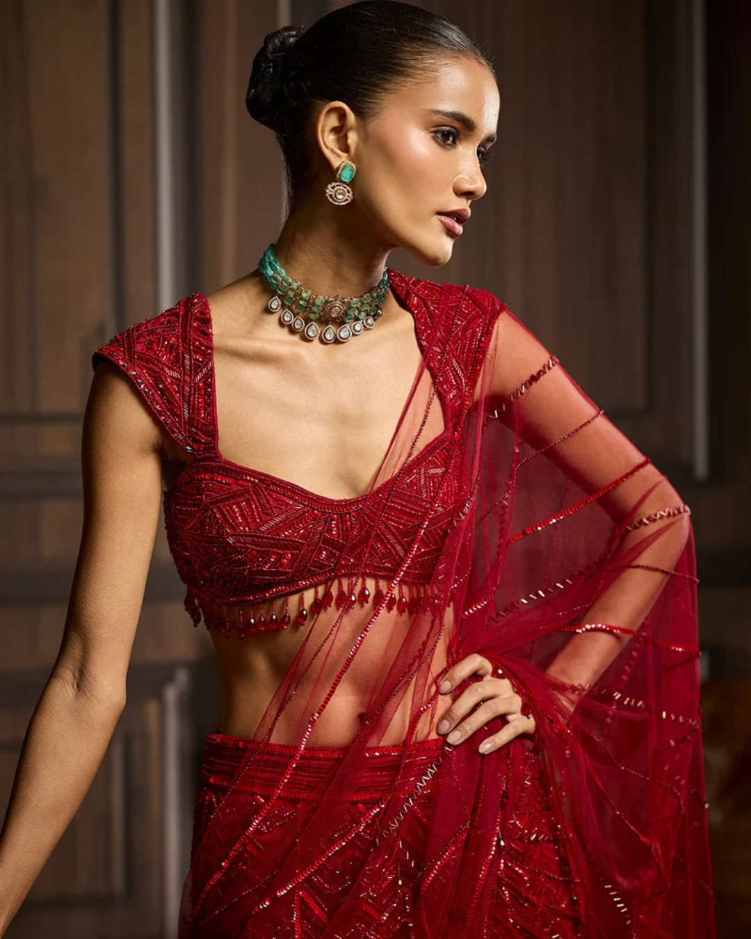 Diya Rajvvir - Red Embellished Blouse And Pre-Draped Dhoti Saree Set from Taara