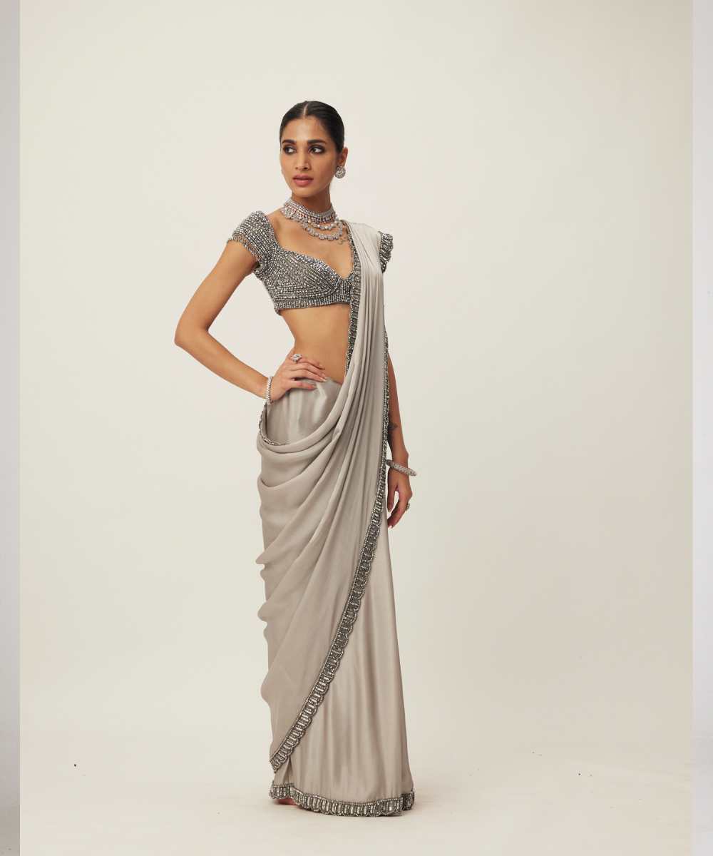 Crystal Grey Satin Saree Set - Collection name Maya by Vvani Vats