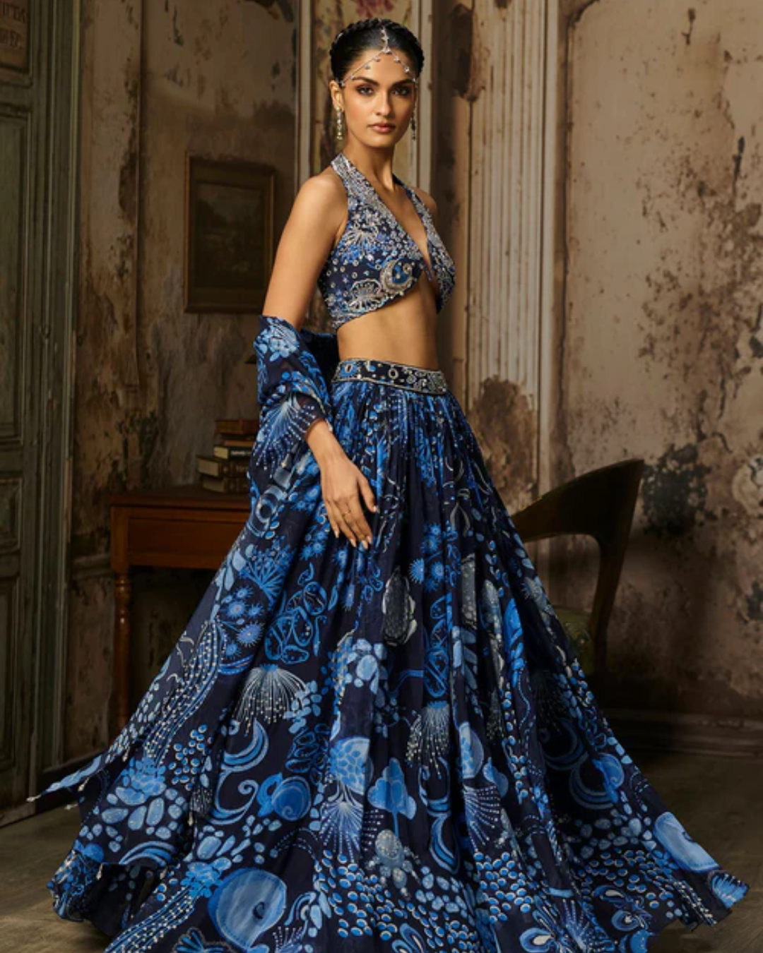 Diya Rajvvir - Navy Blue Printed & Highlighted Lehenga Set from Bahaar