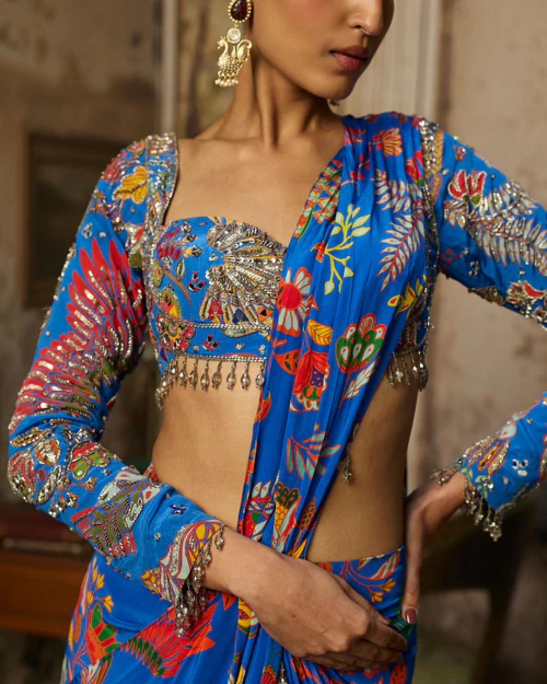 Diya Rajvvir - Electric Blue Printed And Highlighted Dhoti Saree from Bahaar
