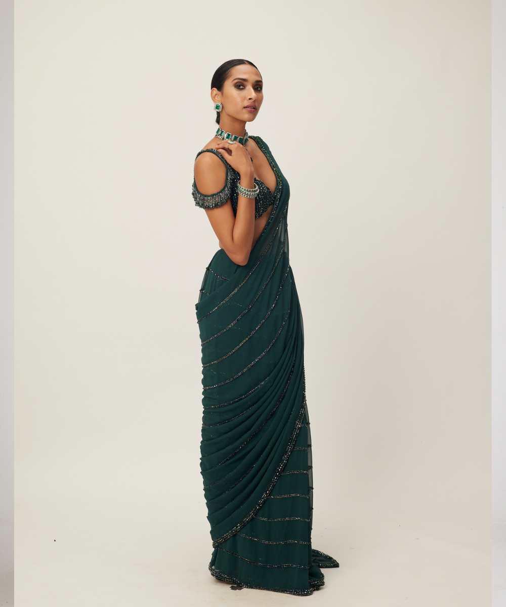 Dark Jade Green Crystal Linear Embroidered Saree - Collection name Maya by Vvani Vats
