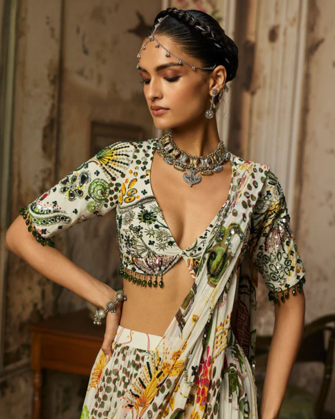 Diya Rajvvir - Ivory Print And Highlighted Tiered Skirt Saree Set from Bahaar