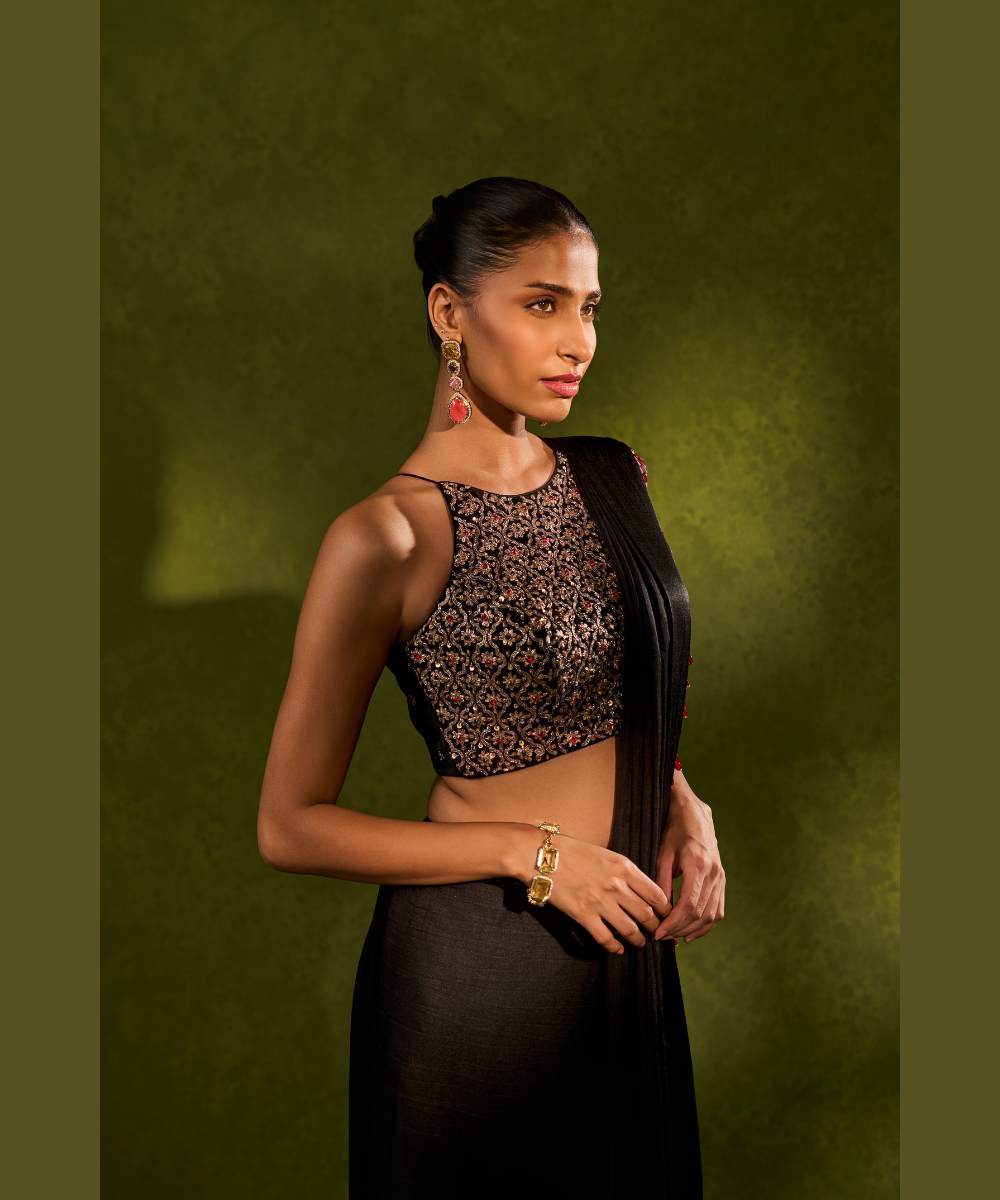 AANYA SAREE - Soft silk dhoti saree paired with a delicately embroidered velvet halter neck blouse -  Leher by Chamee and Palak