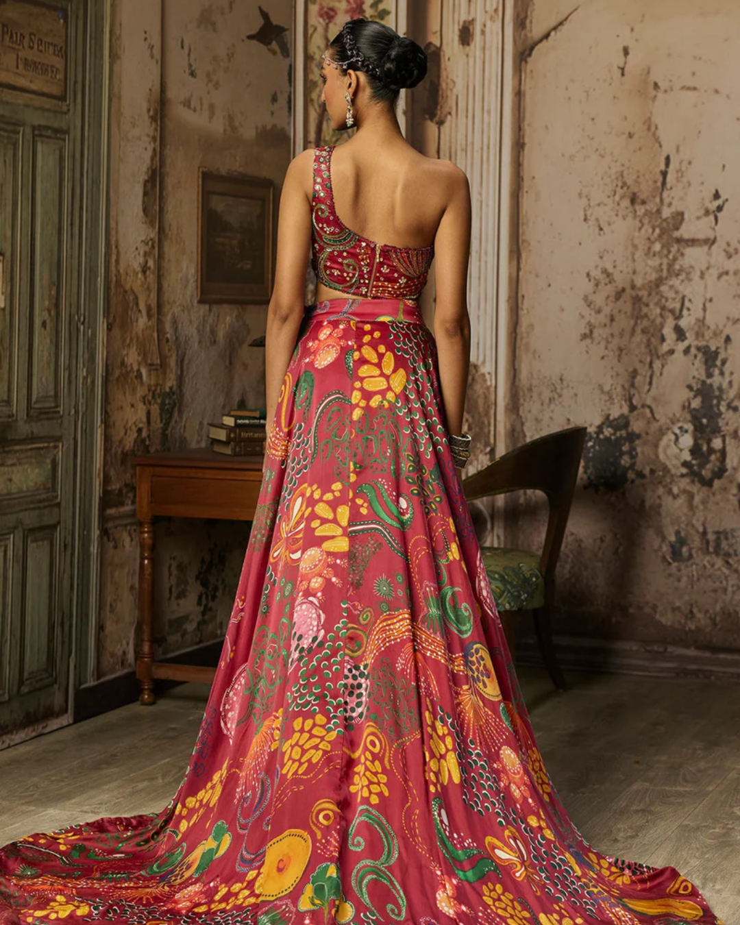 Diya Rajvvir - Deep Red Printed And Highlighted Slit Skirt Set from Bahaar