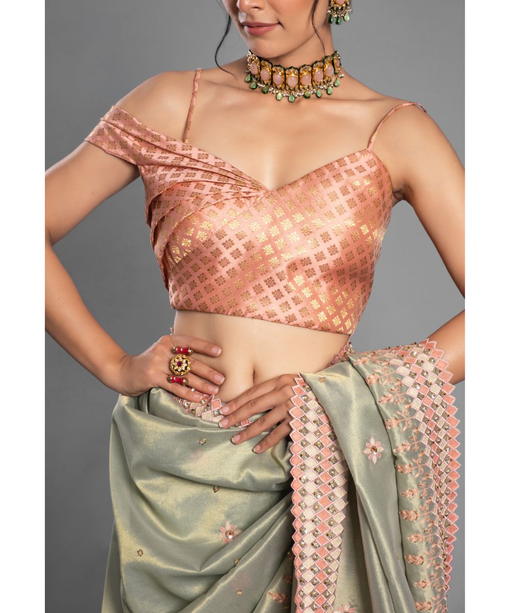 Leaf green Saree with peach Floral Geometric Scallop