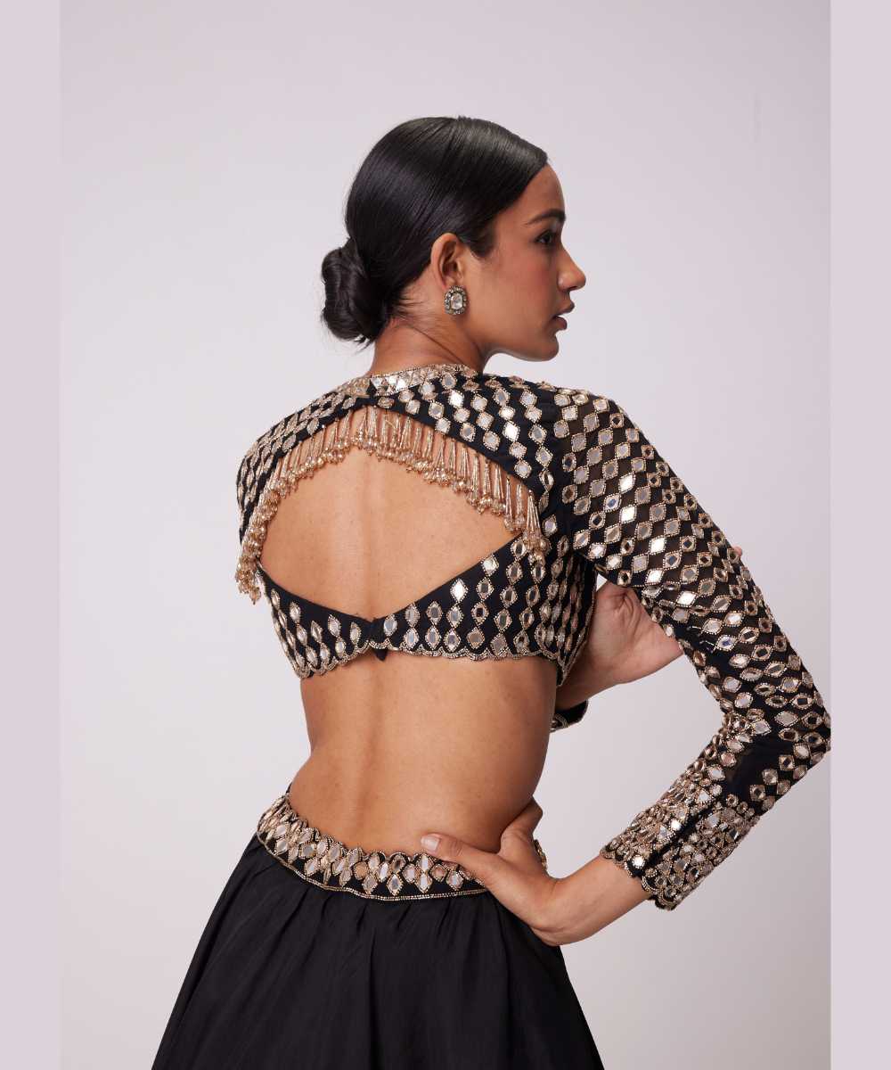 BLACK ORGANZA MIRROR EMBROIDERED LEHENGA SET - Jugmug Bride by Vvani Vats