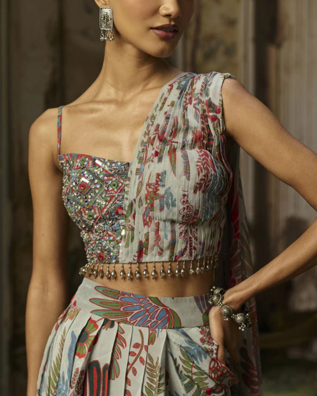 Diya Rajvvir - Slate Grey Printed Drape Asymmetric Crop Top And Skirt Set from Bahaar