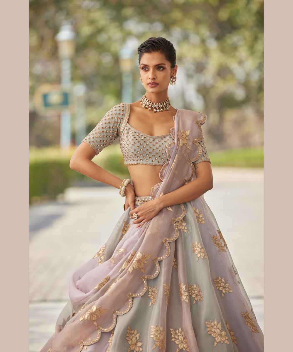 Powder Grey Flower Lehenga Set