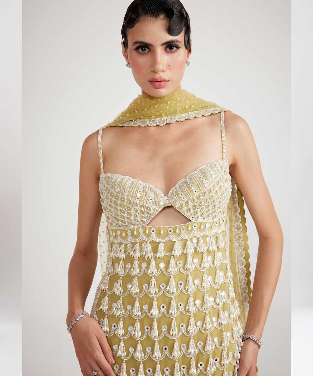 Fern Green Chandelier Pearl Drop Kurta Set -  Collection name Piroi by Vvani vats