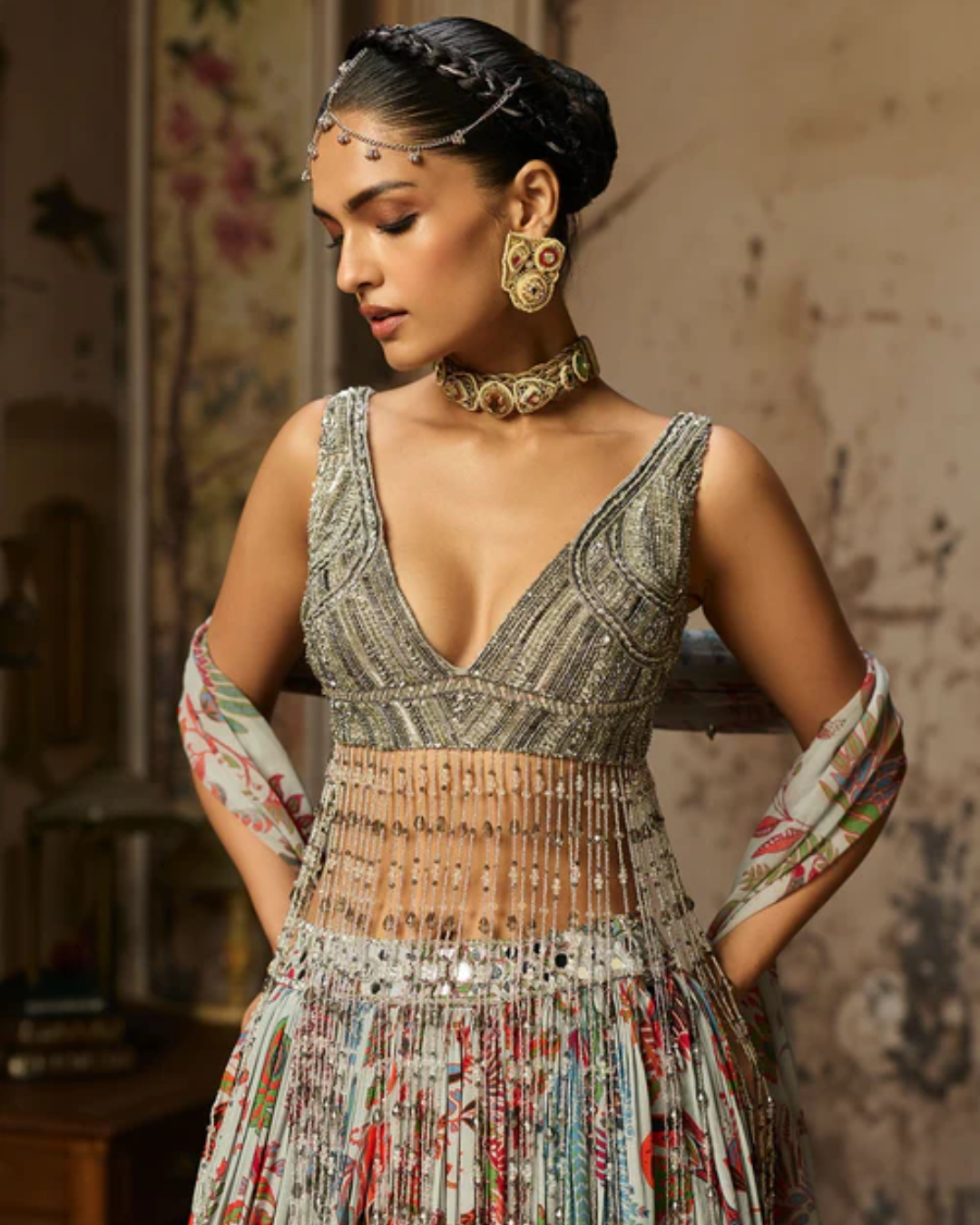 Diya Rajvvir - Slate Grey Embroidered Blouse And Printed Lehenga Set from Bahaar