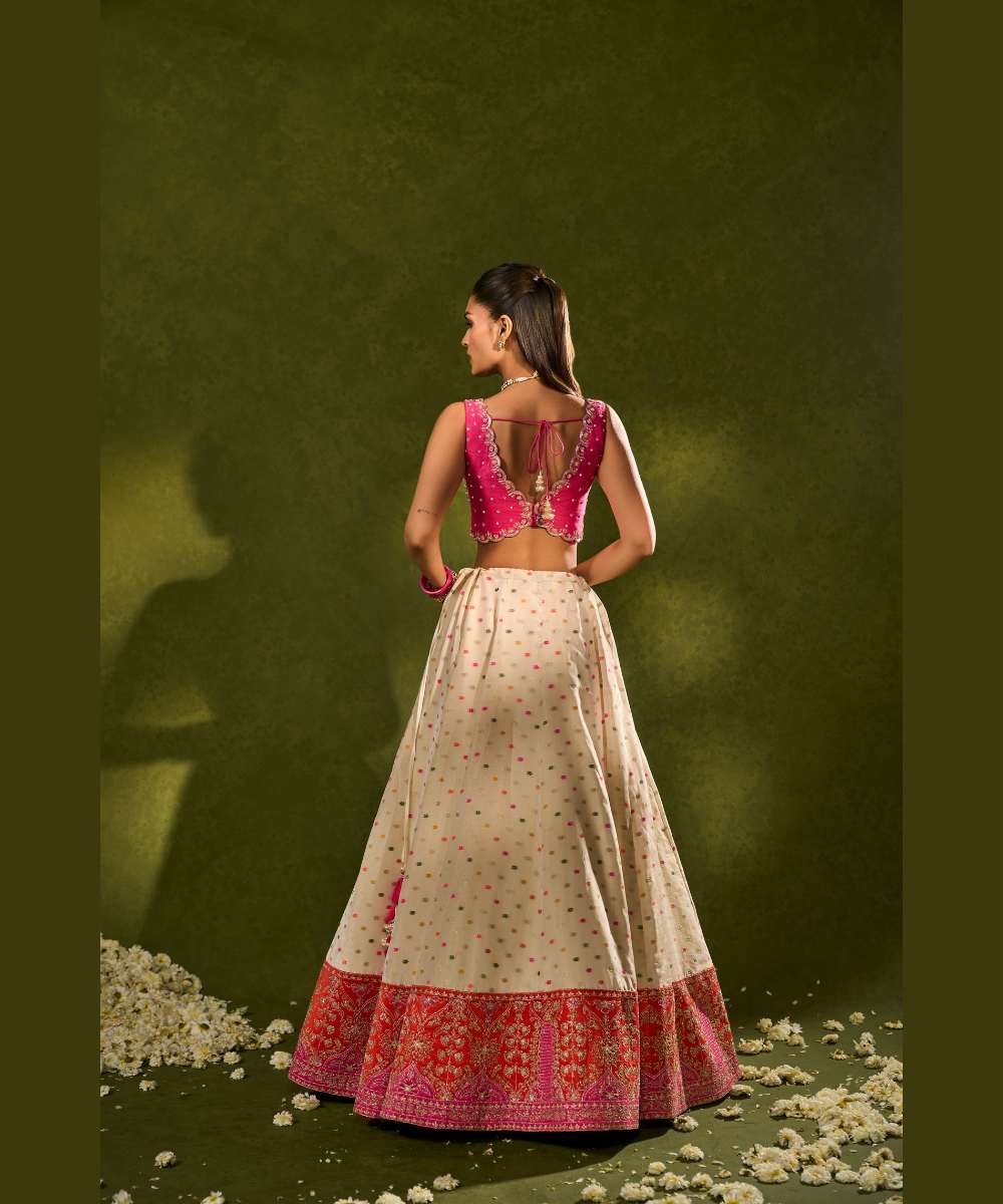 ANVI LEHENGA - Ivory multicolour tissue jamewar lehenga with finely embroidered applique and zari -  Leher by Chamee and Palak