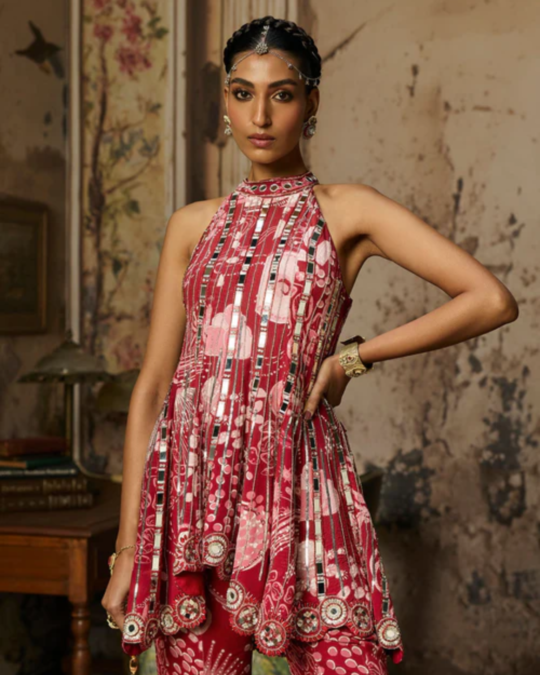 Diya Rajvvir - Scarlet Red Printed And Highlighted Peplum Set from Bahaar