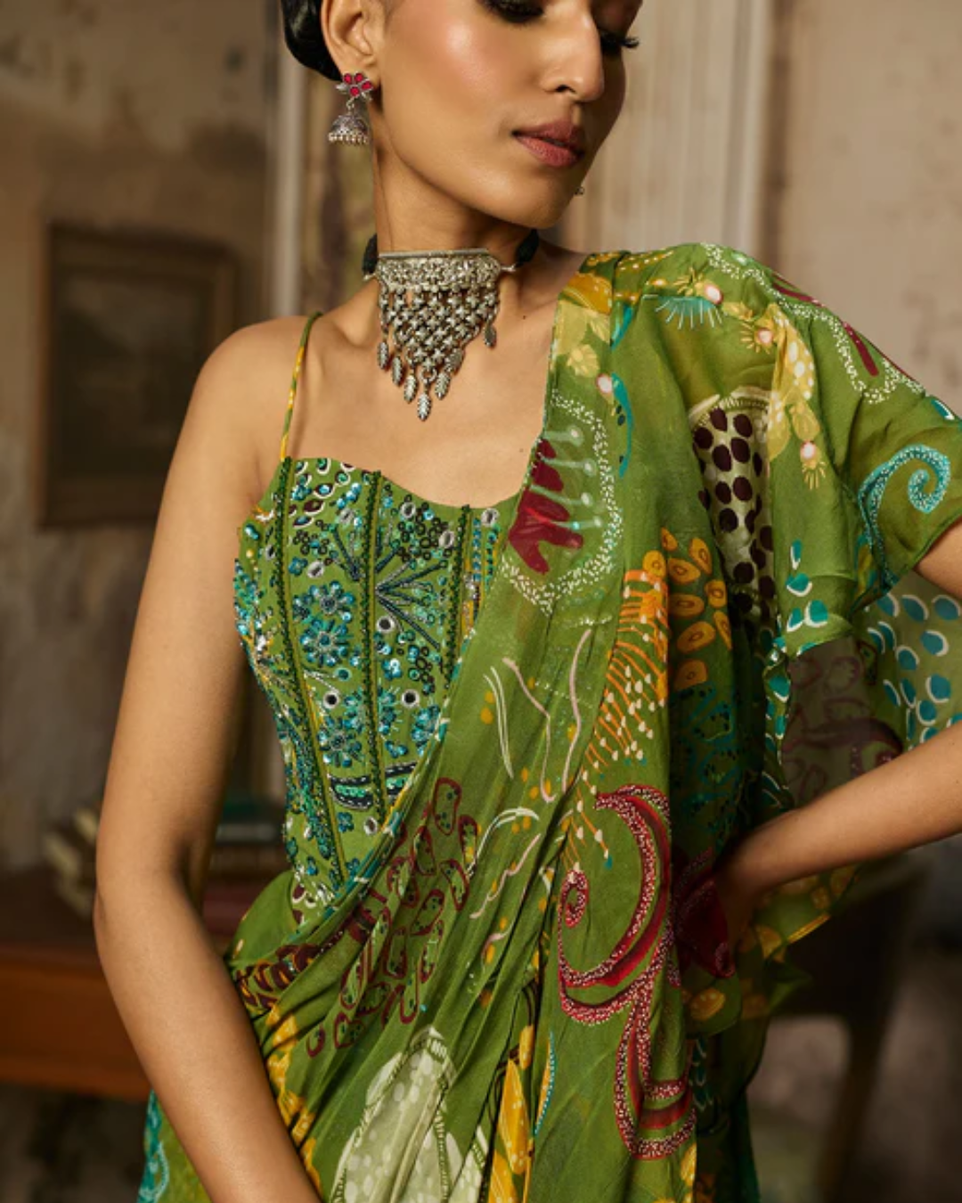 Diya Rajvvir - Pear Green Printed And Highlighted Skirt Saree Set from Bahaar