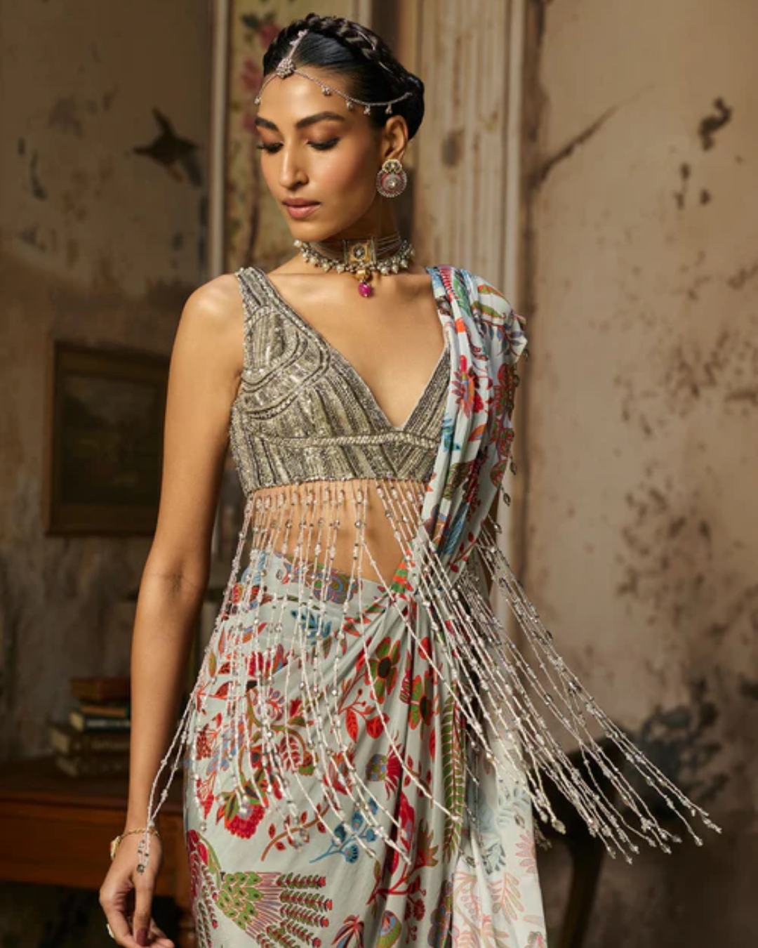 Diya Rajvvir - Slate Grey Embroidered Blouse With Dhoti Skirt Saree Set from Bahaar