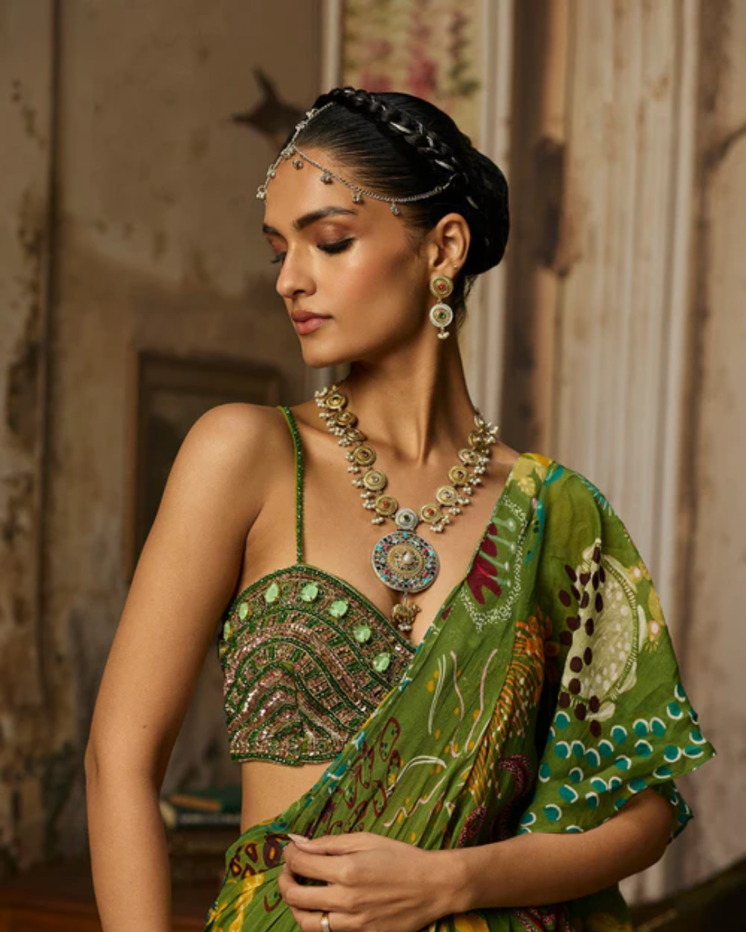 Diya Rajvvir - Pear Green Printed And Highlighted Ruffle Skirt Saree Set from Bahaar