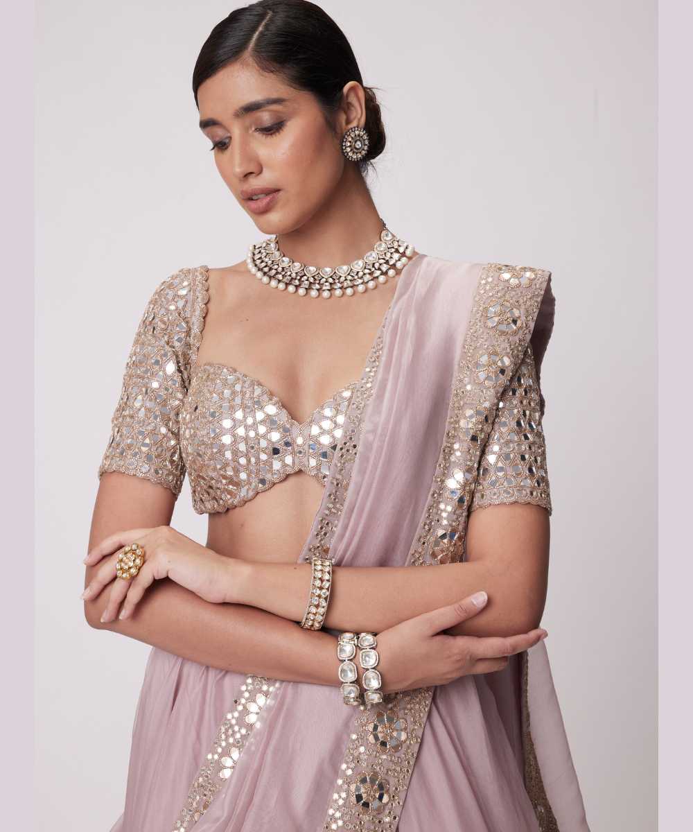 ASH PINK FLOWER BORDER ORGANZA LEHENGA SET - Jugmug Bride by Vvani Vats