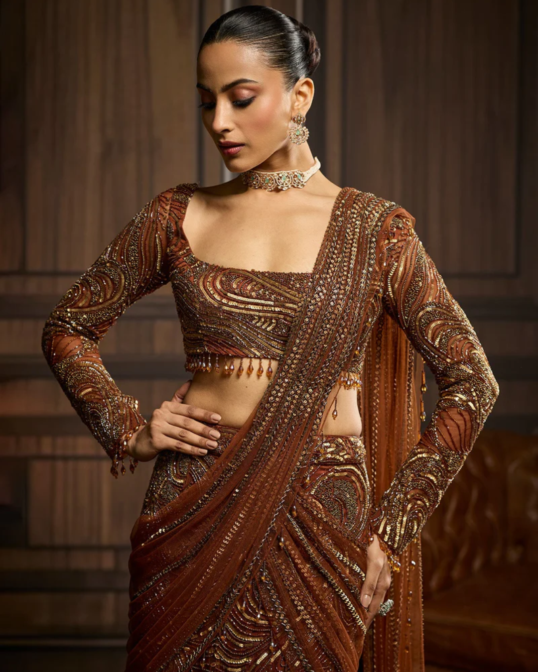 Diya Rajvvir - Metallic Gold Embellished Skirt Saree Set from Taara