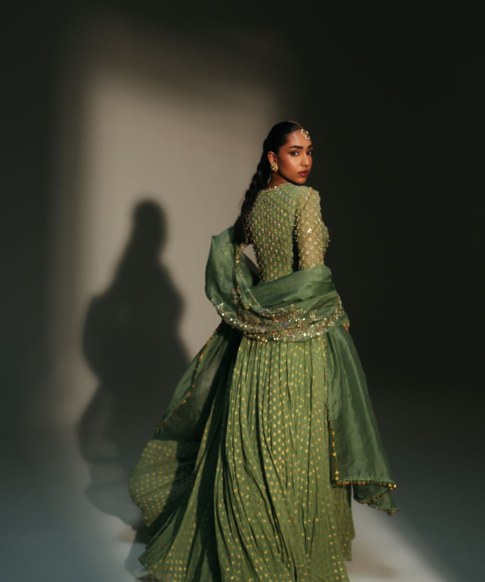 CHAYA - GREEN FULL SLEEVES ANARKALI PAIRED WITH MATCHING DUPATTA - Mehfil by Mahima Mahajan