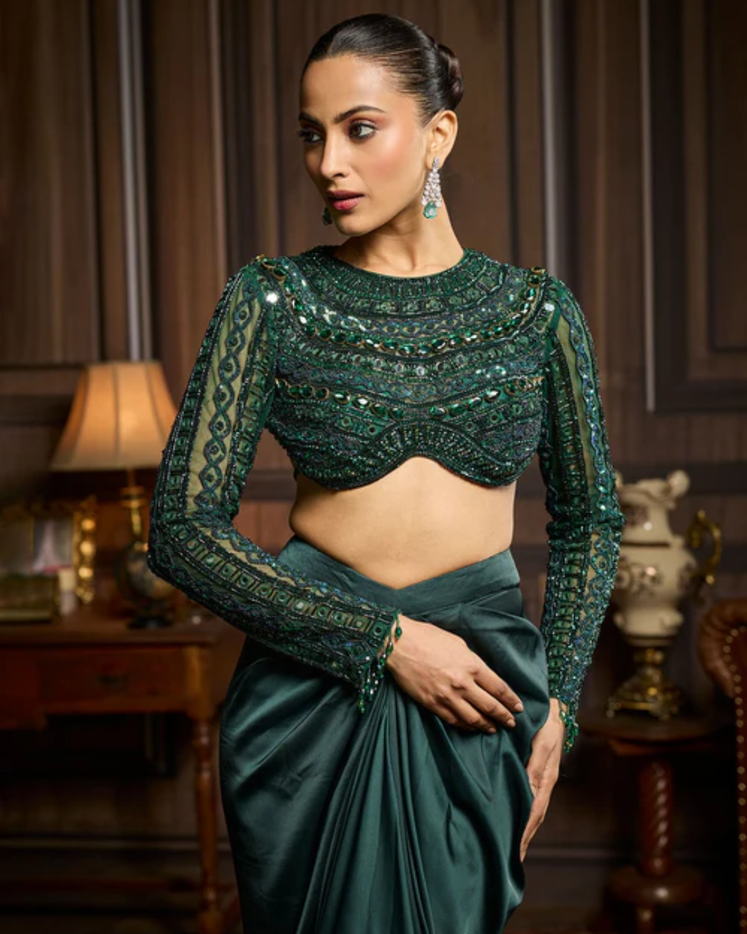 Diya Rajvvir - Emerald Green Embroidered Blouse And Draped Skirt Set from Taara