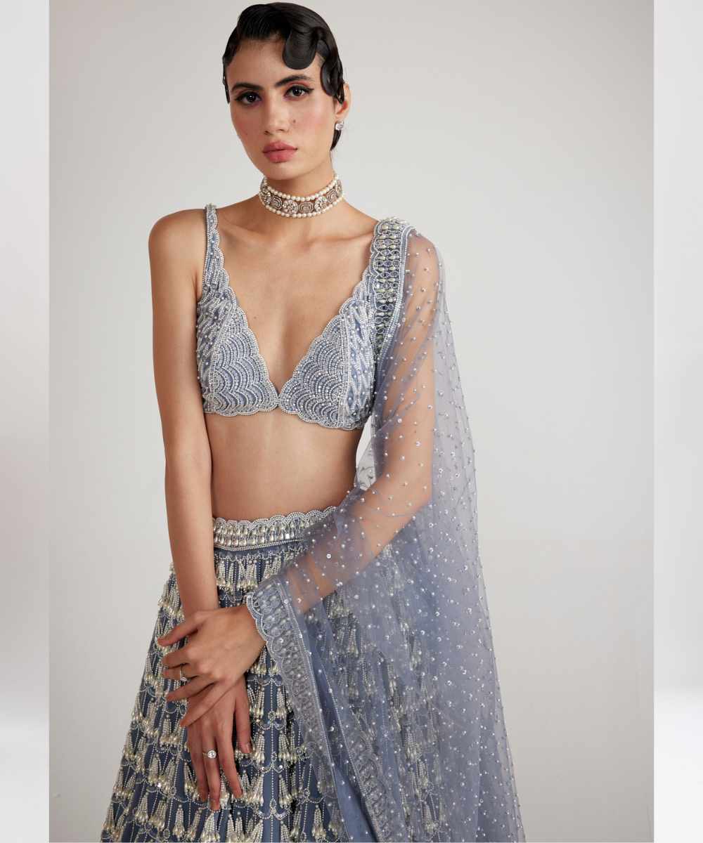 Dark Grey Chandelier Pearl Drop Lehenga Set - Collection name Piroi by Vvani vats
