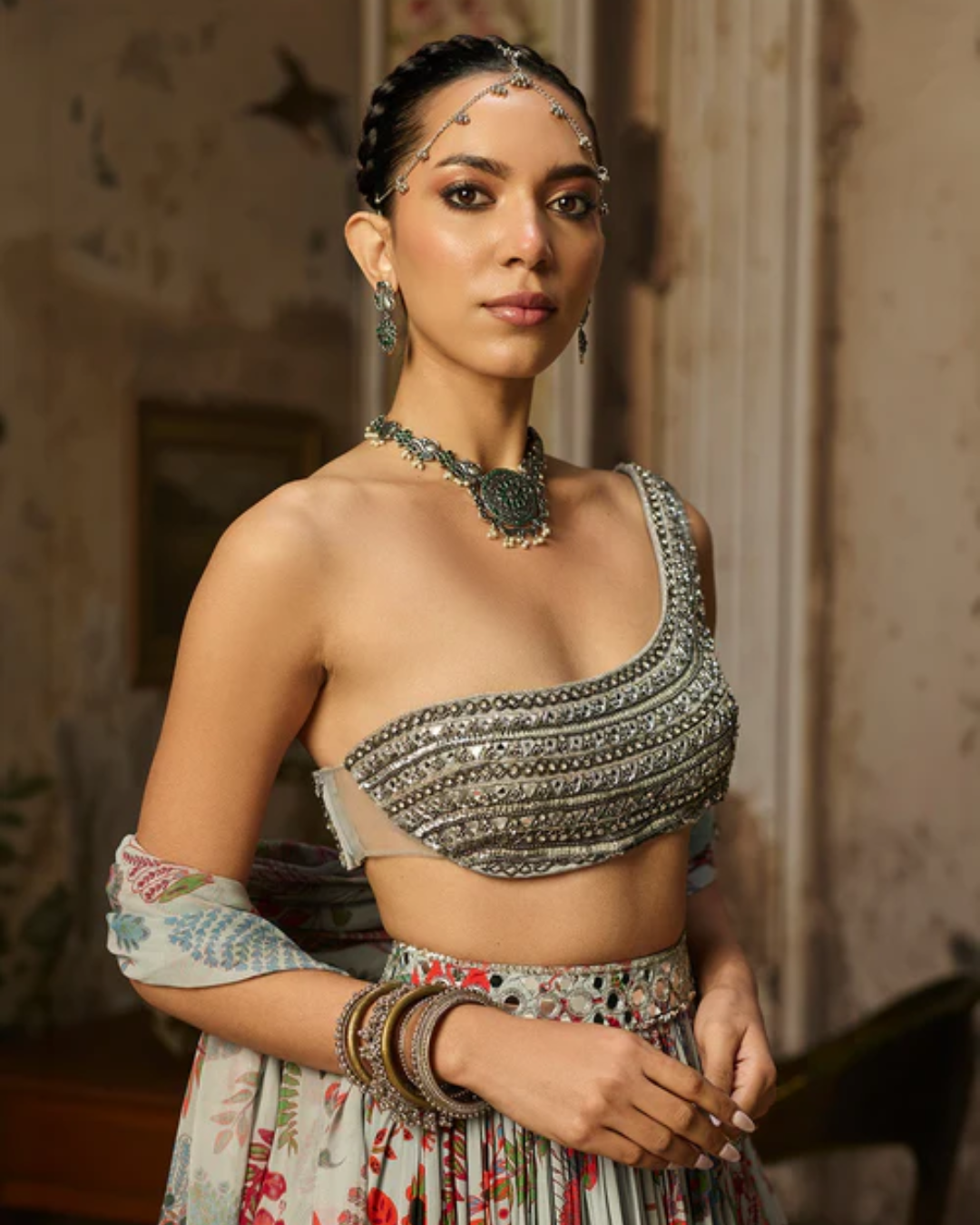 Diya Rajvvir - Slate Grey Embroidered Blouse With Printed Lehenga Set from Bahaar