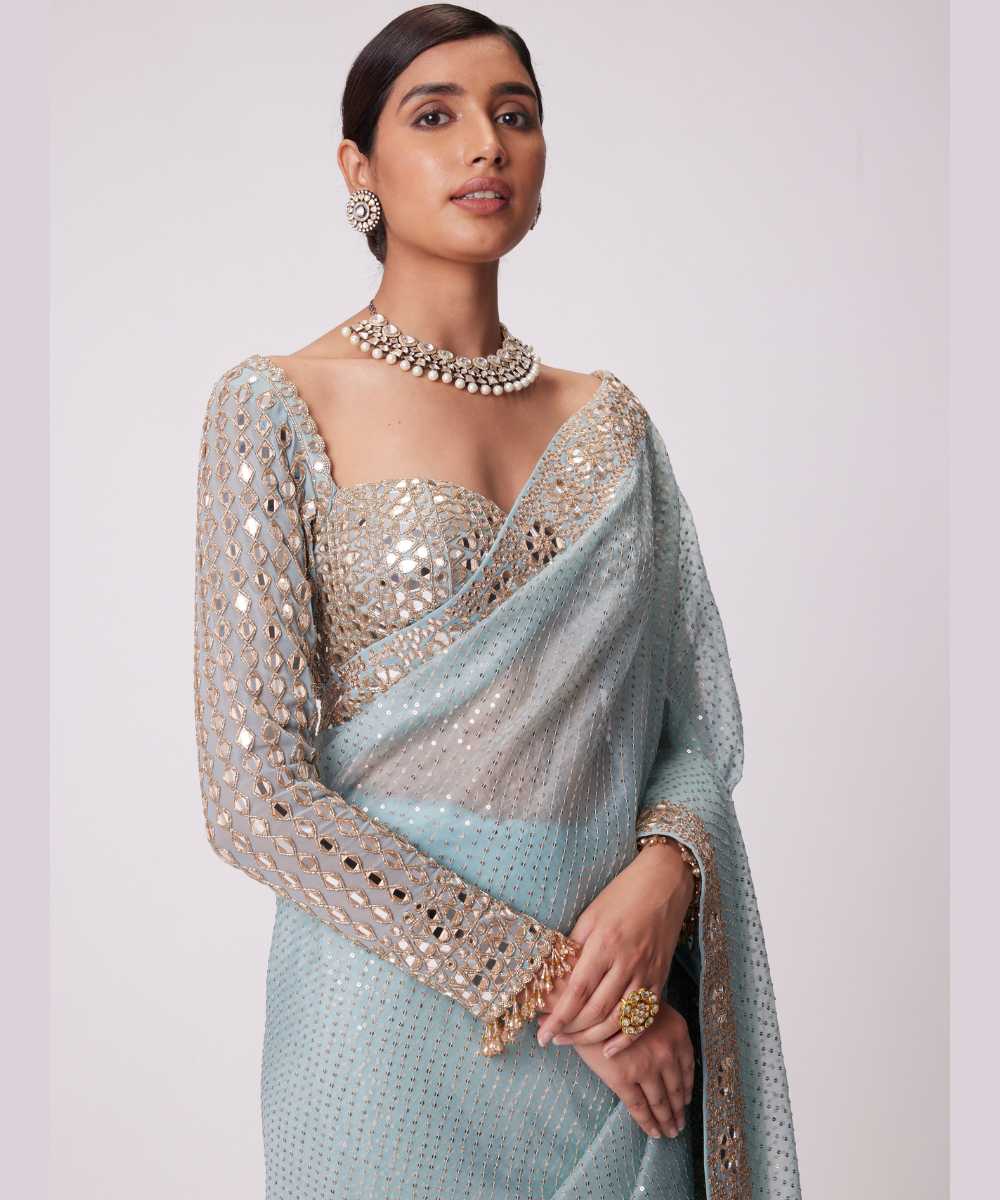 POWDER BLUE ORGANZA SAREE SET - Collection name Jugmug Bride by Vvani Vats