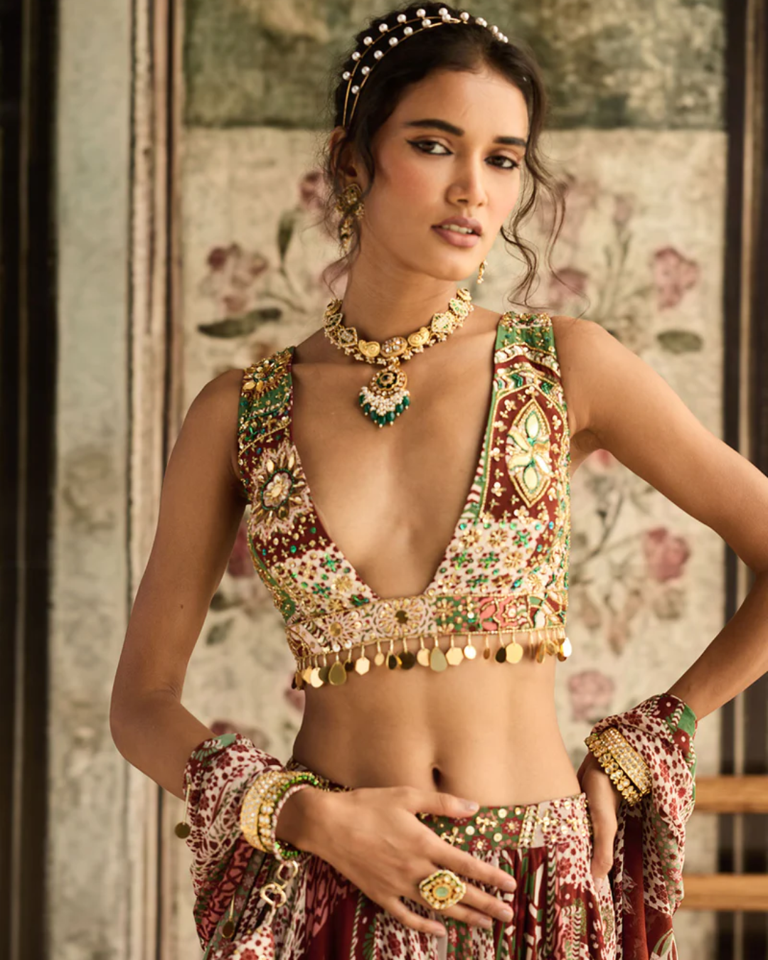 Diya Rajvvir - Sage-Maroon Print And Highlighted Lehenga Set from Bahaar (Sale Piece)