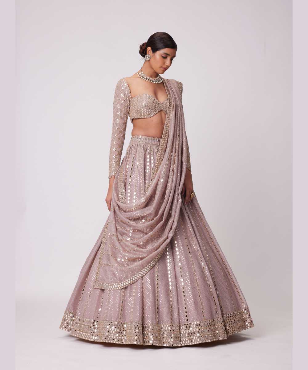 ASH PINK SEQUIN AND MIRROR EMBROIDERED LEHENGA SET