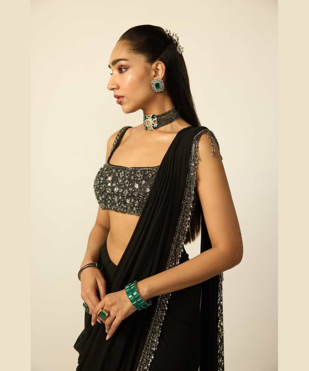 Black Georgette Tassel Saree