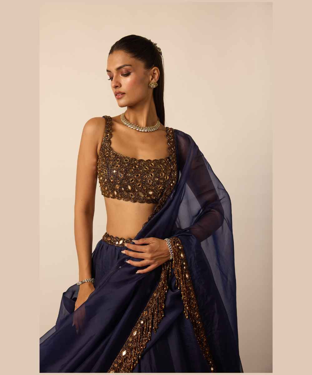 Deep Blue Tassel Dupatta Lehenga Set