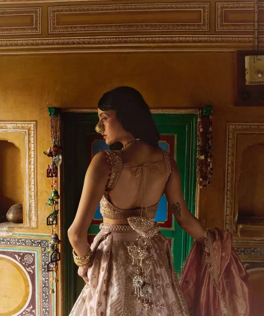 Aditi Gupta - Rose Gold pure zari tissue with rose pink tissue dupatta Lehenga Set