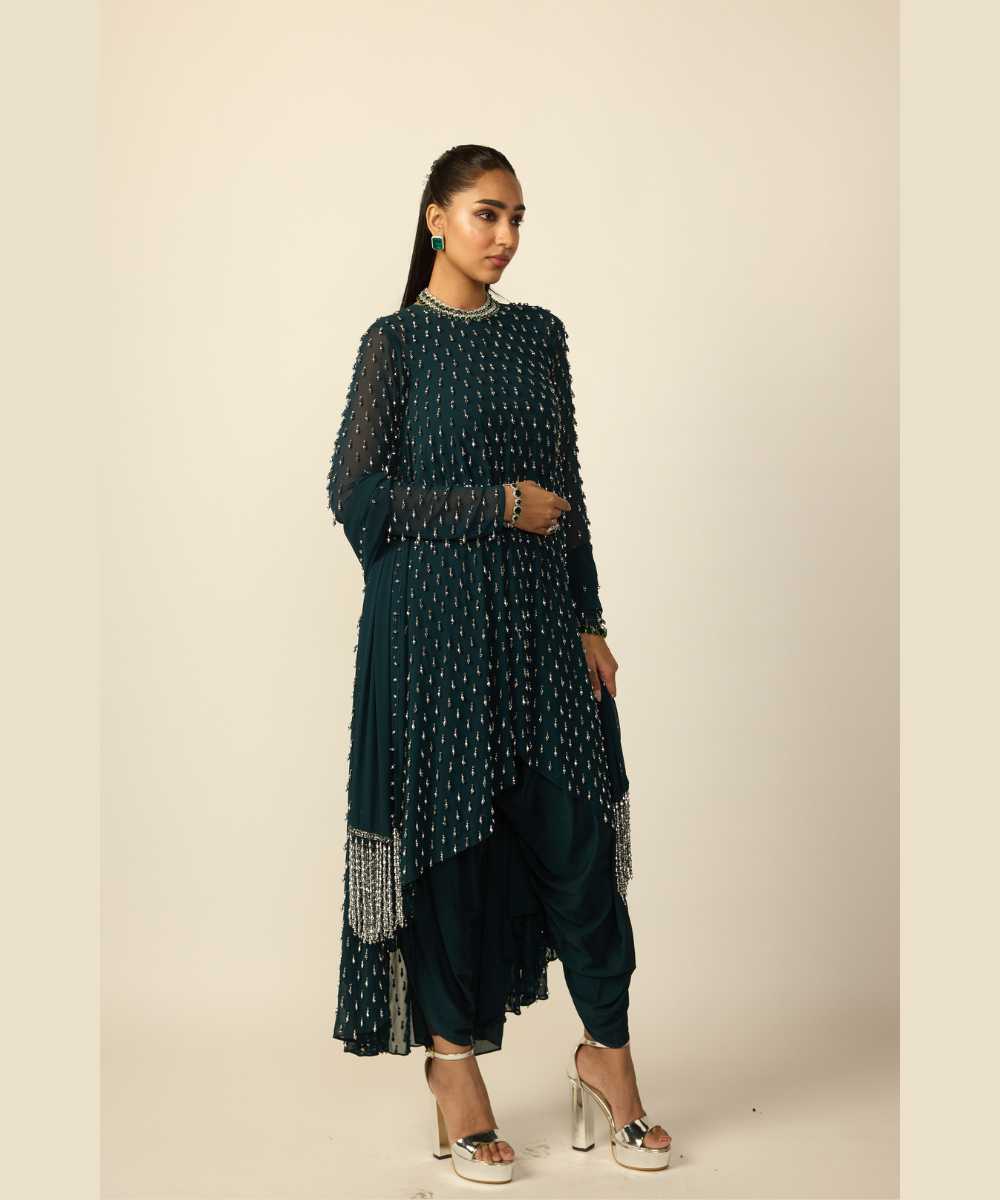 Dark Teal Silver Drop Kurta With Stole