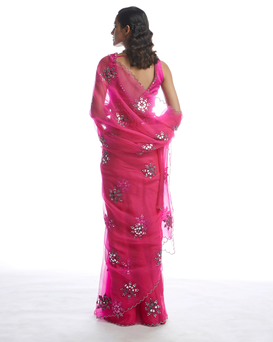 Vvani Vats -  Peacock Pink Mirror Cutwork Saree from Chamak