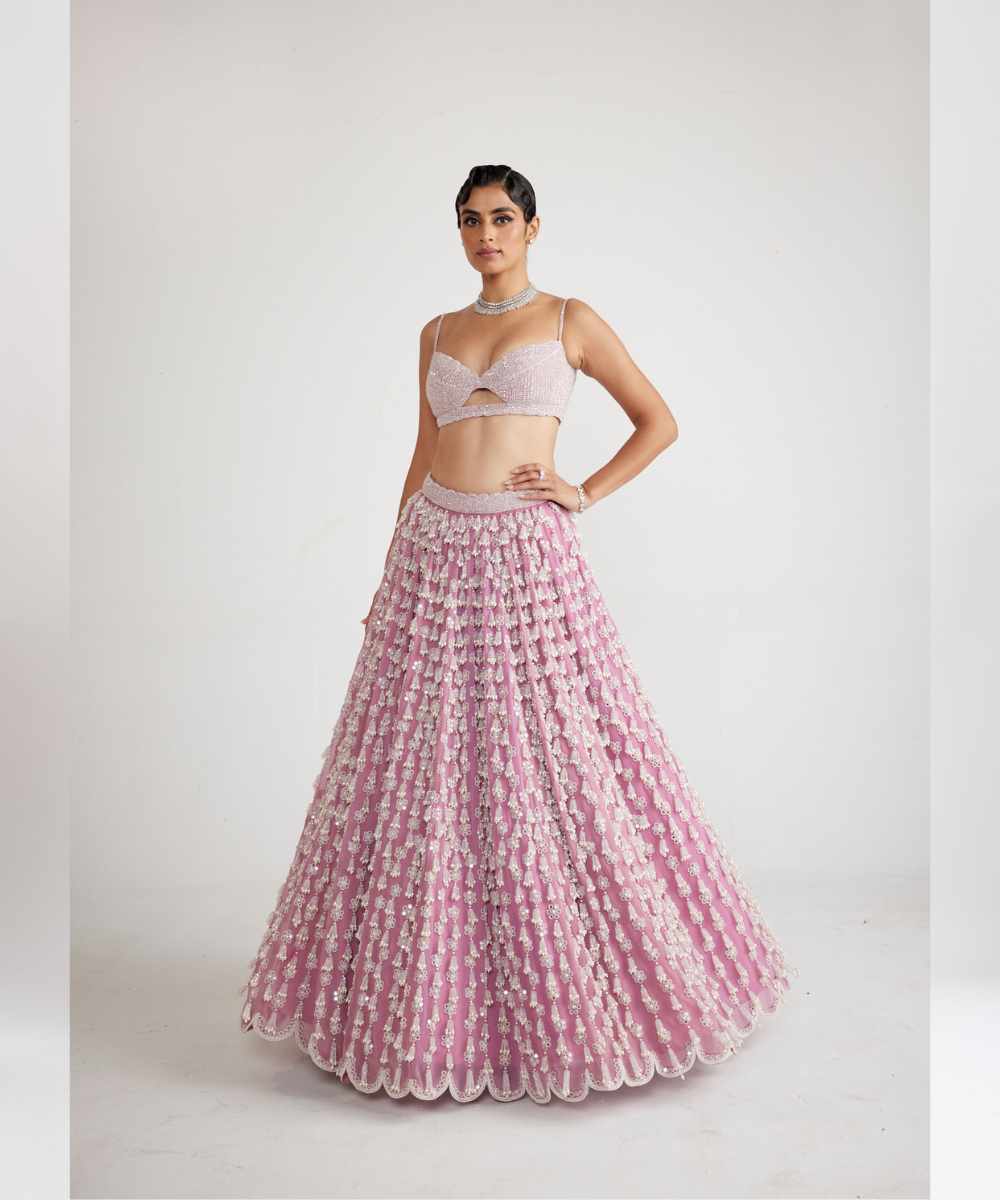 Onion Pink Chandelier Pearl Drop Lehenga Set -  Collection name Piroi by Vvani vats