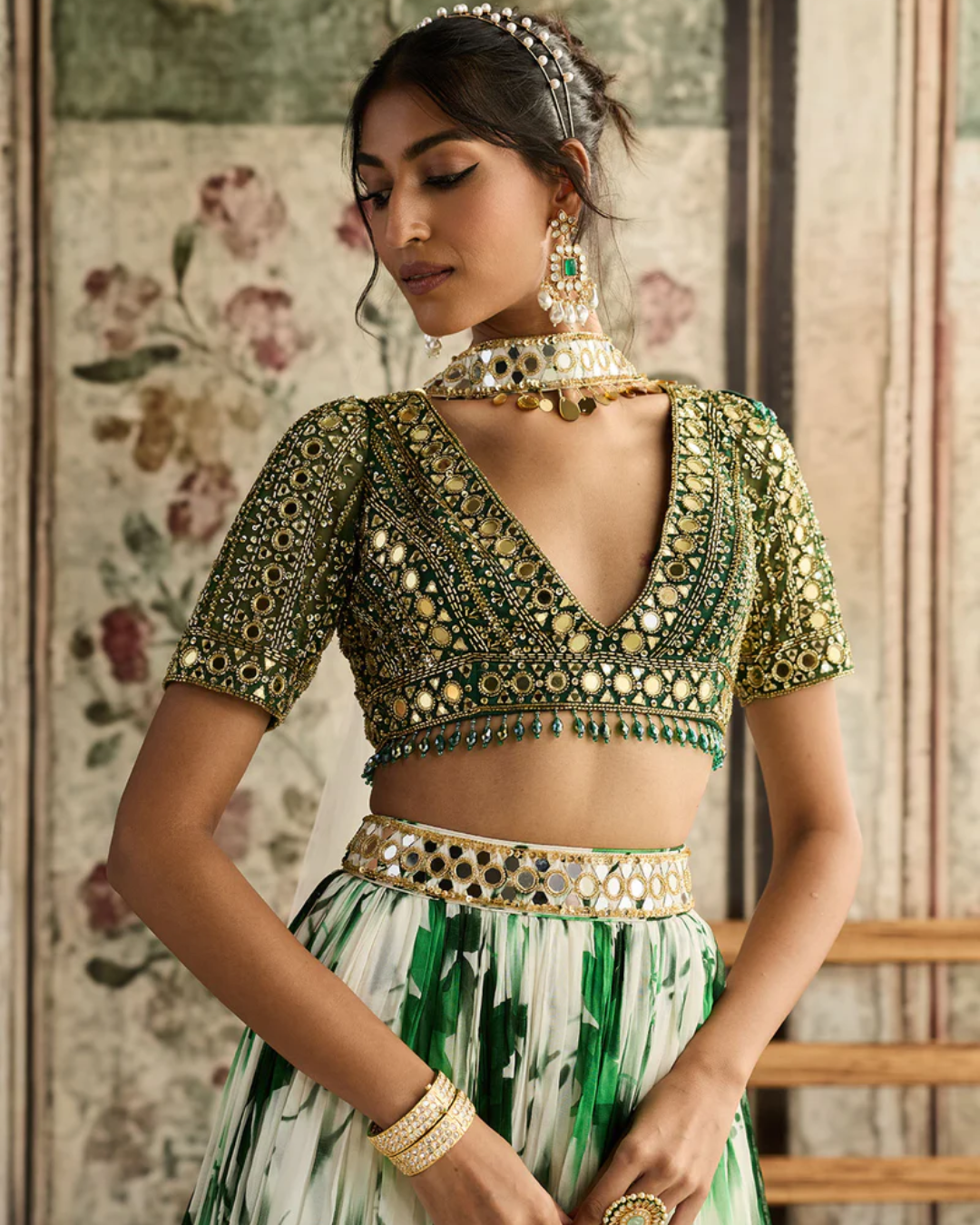 Diya Rajvvir - Ivory & Green Floral Printed Lehenga Set from Bahaar