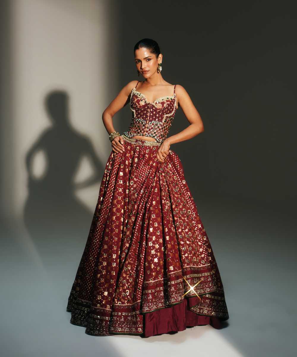 MALA - HEAVY HAND EMBROIDERED KALI LEHENGA WITH CORSET AND DUPATTA - Mehfil by Mahima Mahajan