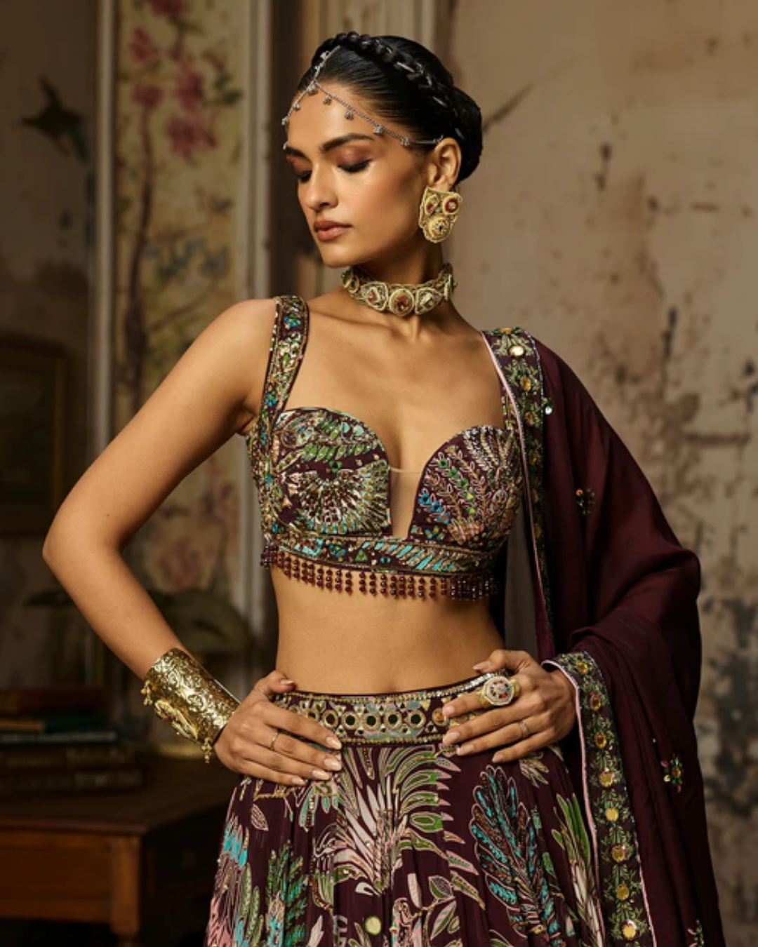 Diya Rajvvir - Plum Printed And Highlighted Lehenga Set from Bahaar