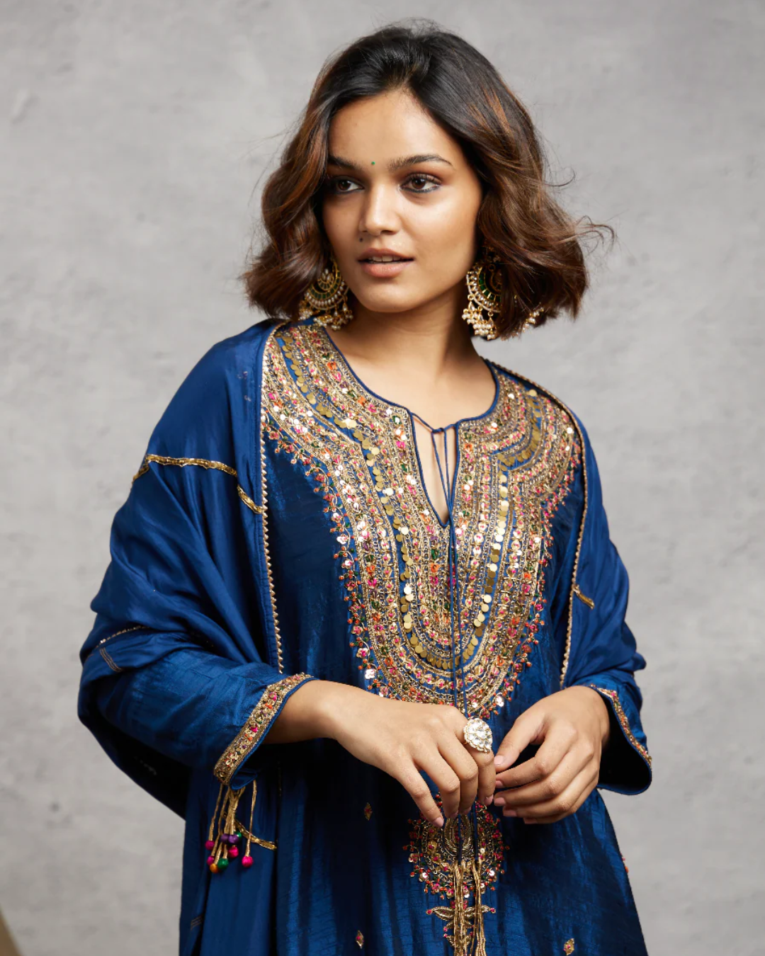Niti Bothra - Multicolor Blue Resham and Zardozi Heavy-Neck Kurta Set (Sale Piece)