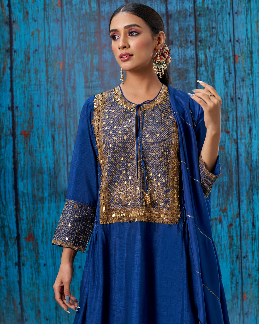 Niti Bothra - Blue Lotus Yoke Heavy Neck Kurta Set (Sale Piece)