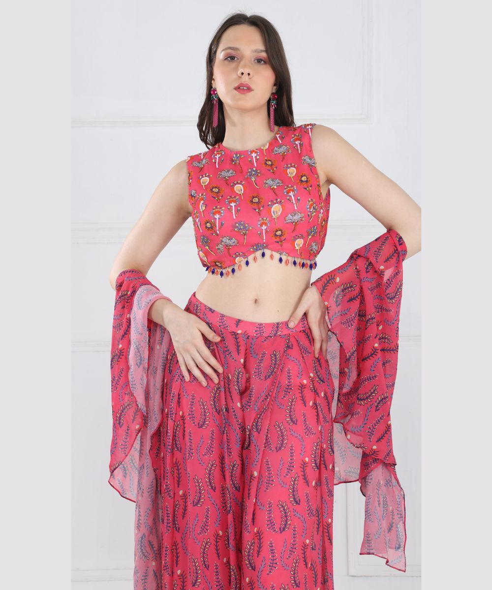 Fuchsia Pink Crop Top Pant Set