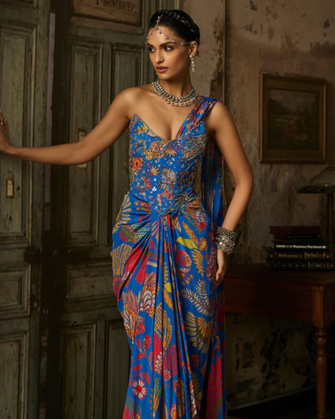 Diya Rajvvir - Electric Blue Printed And Highlighted Corset Dhoti Skirt Saree Set from Bahaar