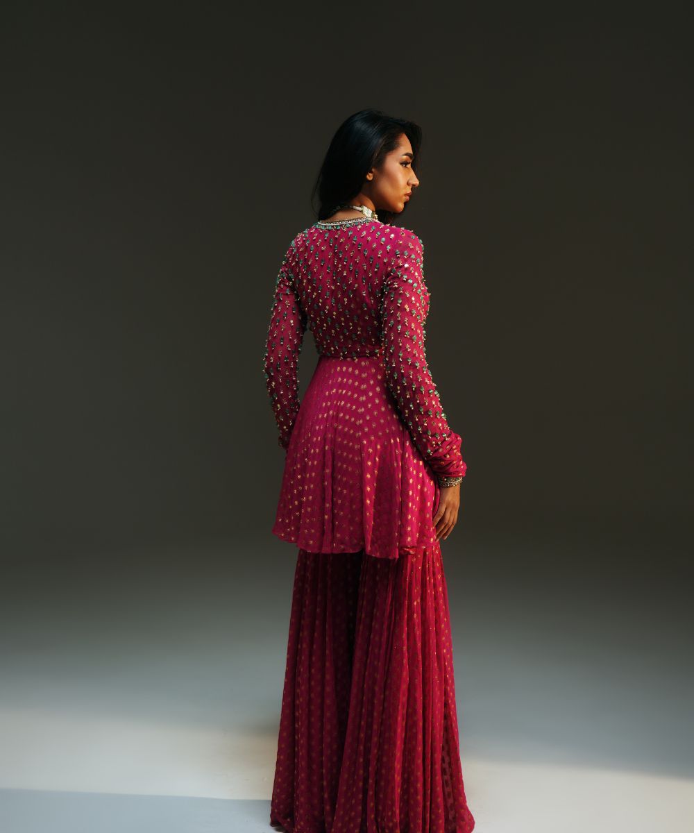 NAINA - HAND EMBROIDERED RANI PINK SHORT KURTA AND SHARARA - Mehfil by Mahima Mahajan