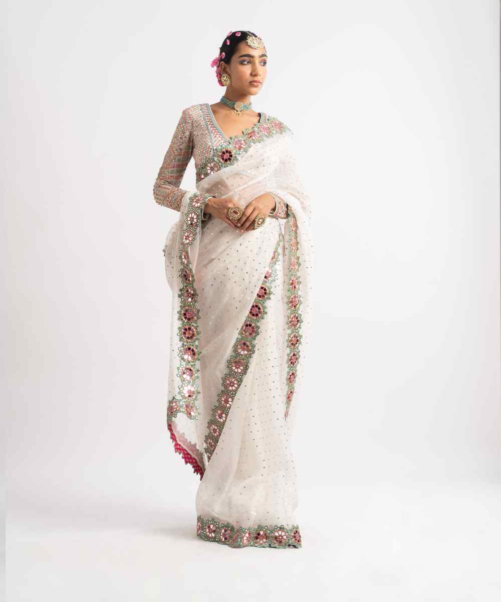 White Hand Cut Mirror Border Saree Set - Collection name Rang by Vvani vats