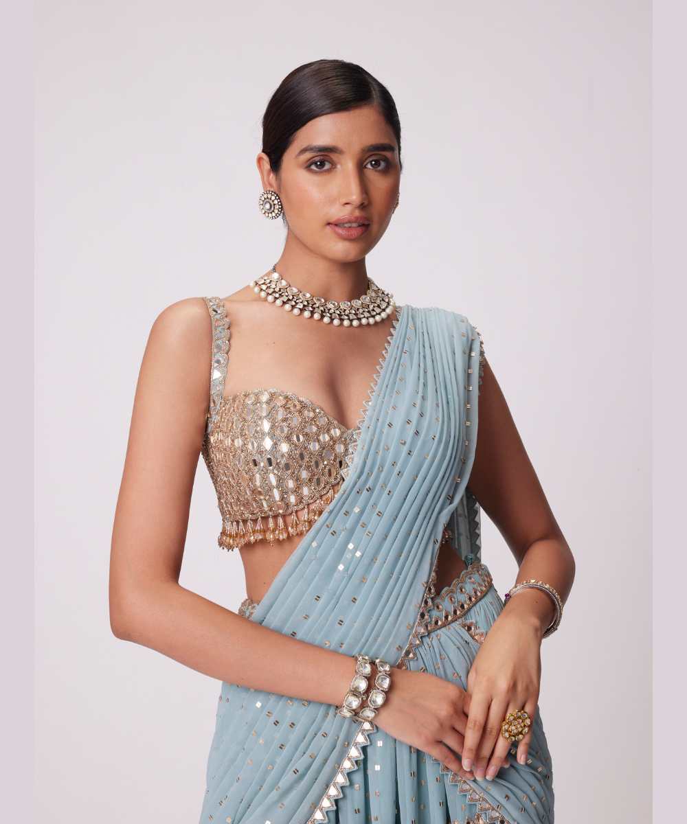 POWDER BLUE MULTI TIER SAREE SET -  Collection name Jugmug Bride by Vvani Vats