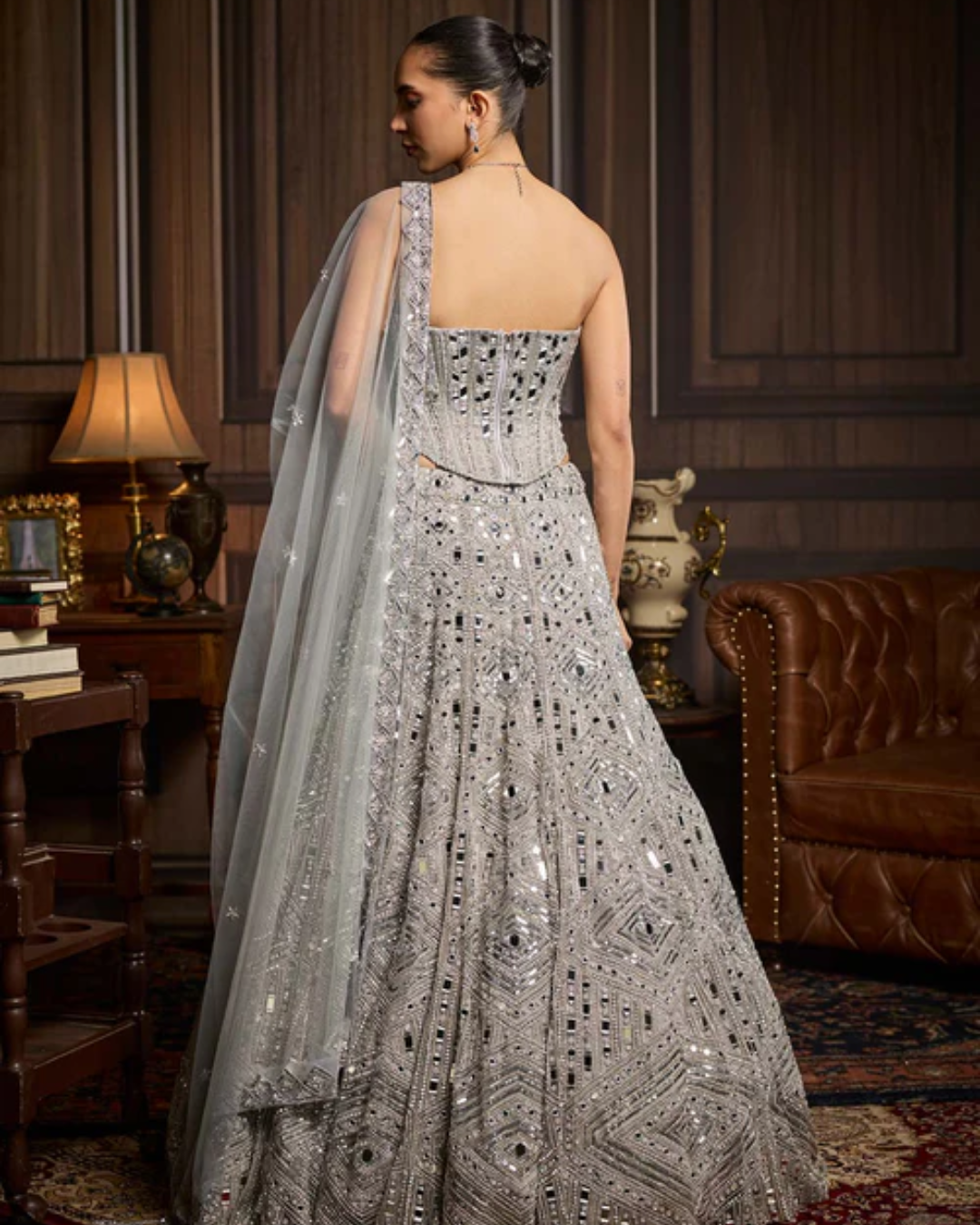 Diya Rajvvir - Silver Embellished Mirrorwork Lehenga Set from Taara